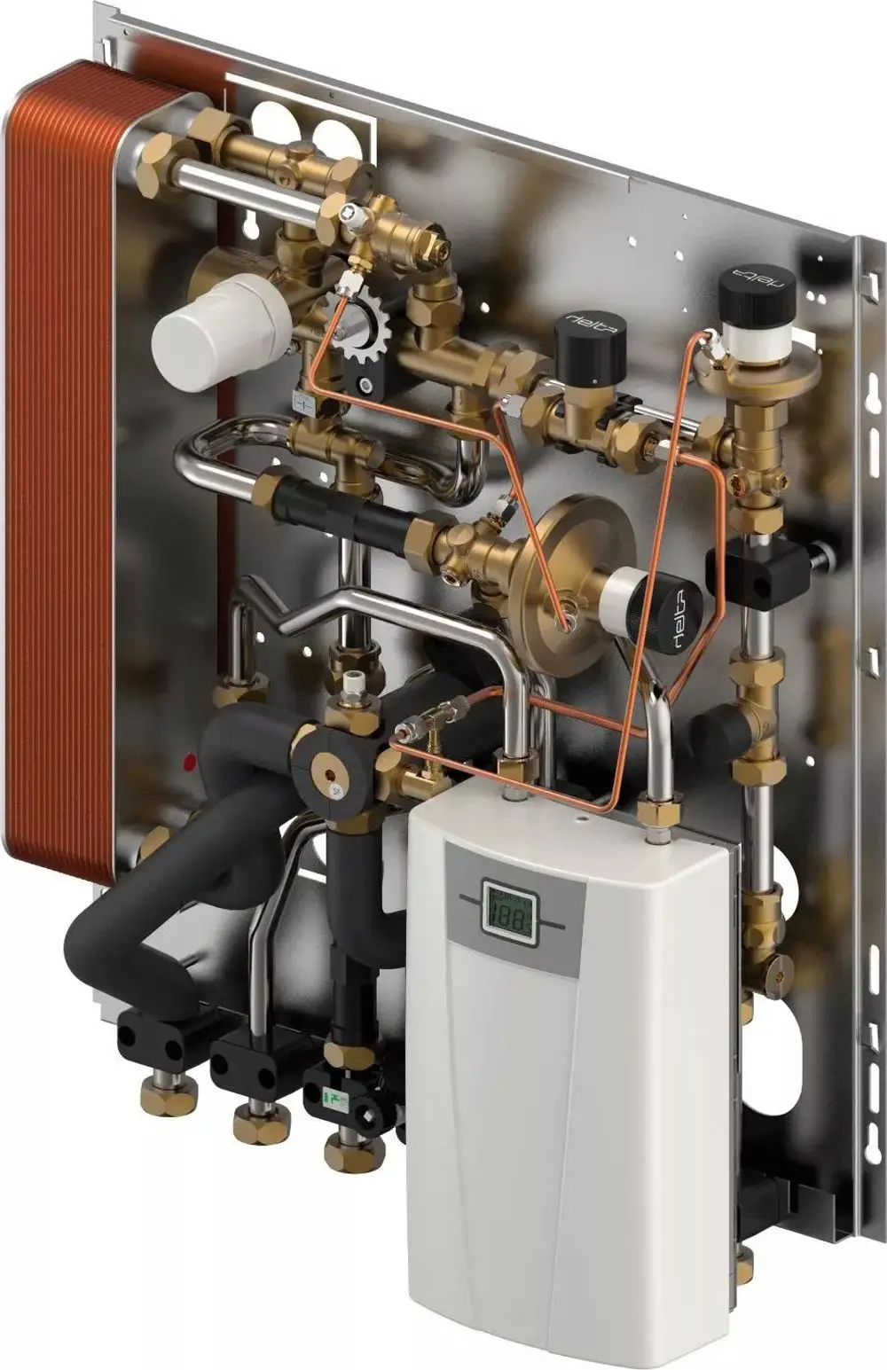 Uponor Heizstation mit verschiedenen Kupfer- und Messingrohren, Ventilen und Steuerungseinheit, auf einer Metallplatte montiert, geeignet für Heizsysteme.